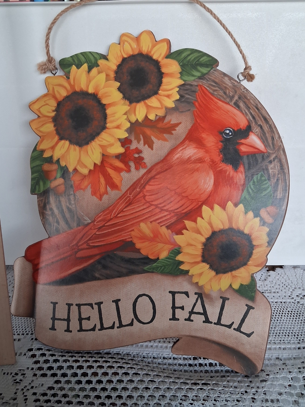 Reversible Hello Fall/Christmas Cardinal Wall Decor -  Sunflower Accent